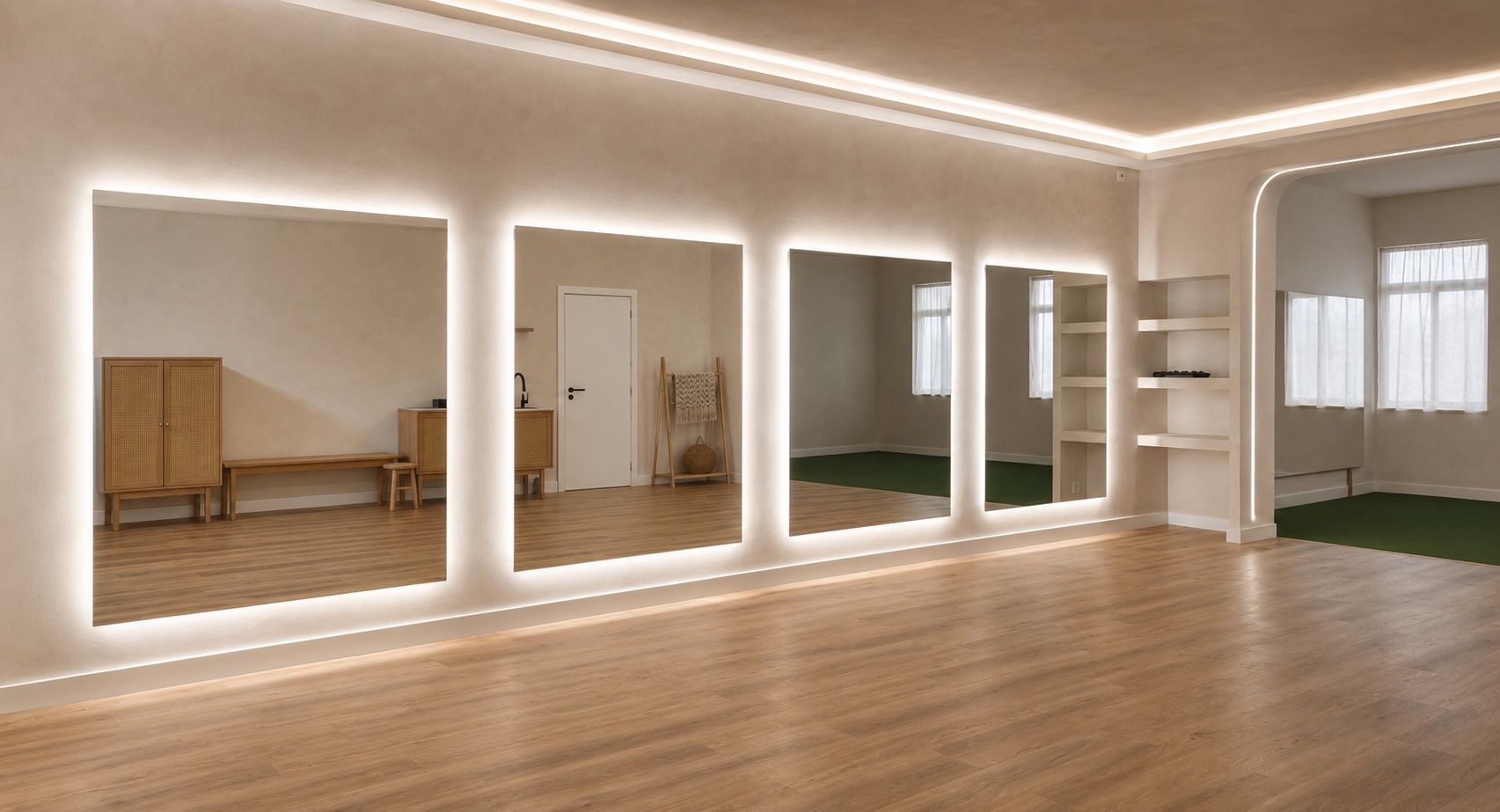 Interior de NOWA Pilates Studio, con espejos iluminados, suelo de madera y tonos cálidos