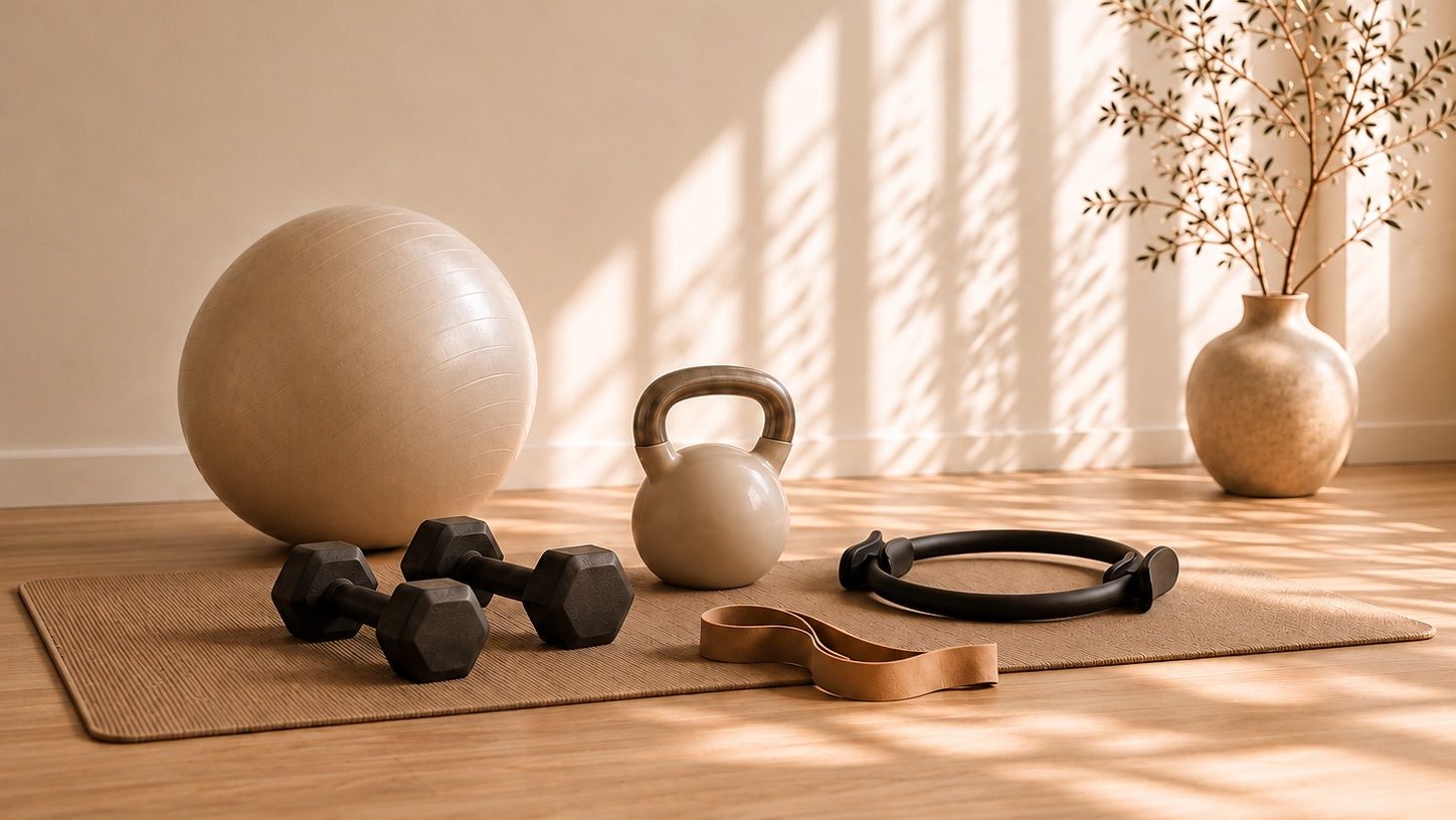 Material para Pilates Funcional sobre una esterilla: fitball, mancuernas, pesa rusa, aro de Pilates y banda elástica